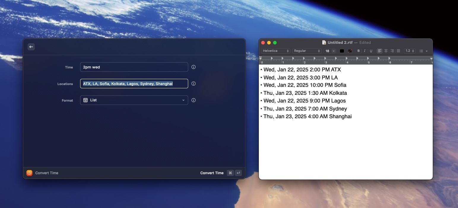 A screenshot of the extension in use. in the extension, the time field is '2pm wed', in the Locations field is 'ATX, LA, Sofia, Kolkata, Lagos, Sydney, Shanghai' and the Format field shows 'List'. In a separate window is a text document showing the output in a bulleted list with the correct times for each region, including the fact it is a different day (Thursday) for Sydney and Shanghai.