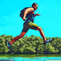 Man leaping over gap in sidewalk