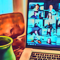 Illustrated photo showing a laptop screen of people in a video conference next to a mug