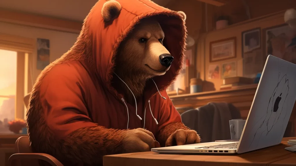 A brown bear wearing an orange hoodie sitting at a desk while looking at a MacBook