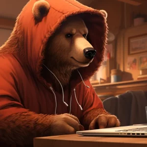 A brown bear wearing an orange hoodie sitting at a desk while looking at a MacBook