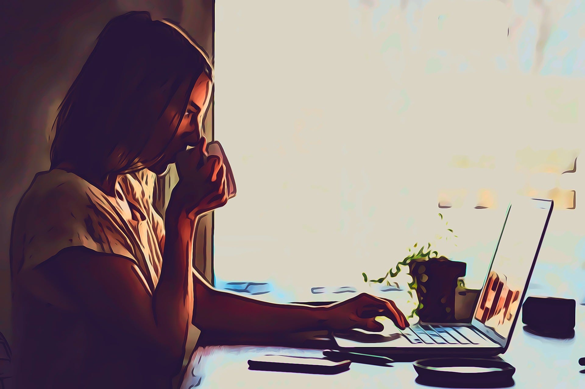 Woman sipping coffee, looking pensively at her laptop